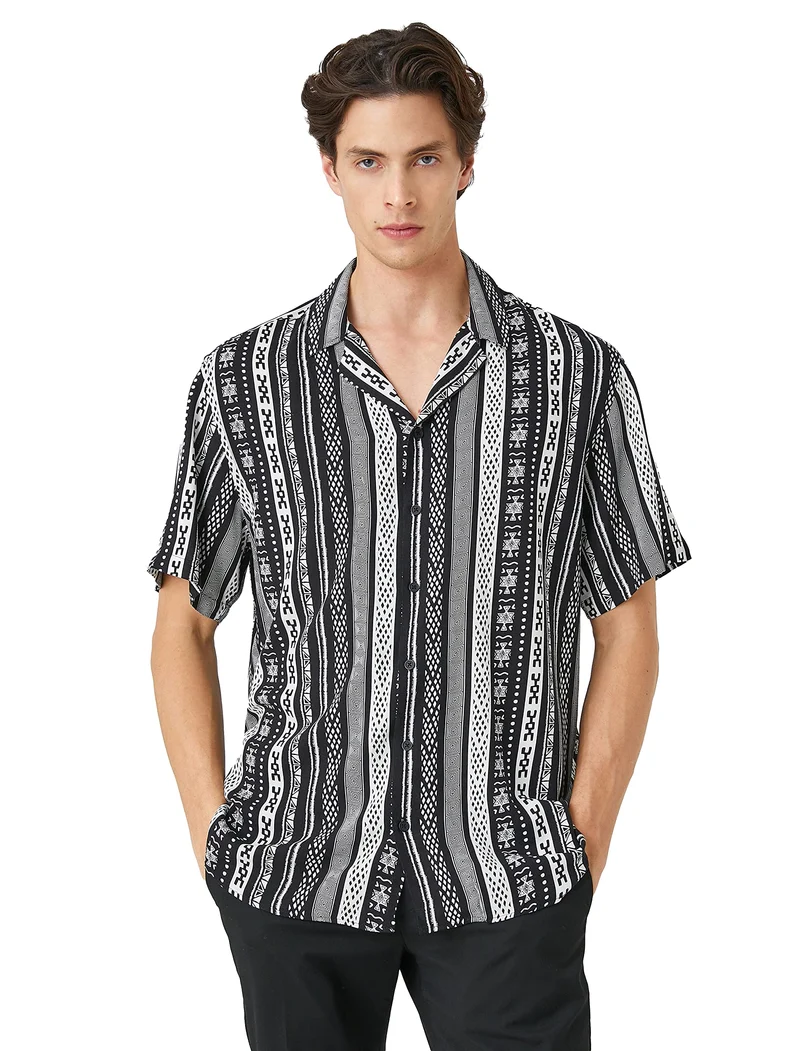 Koton Herren Short Sleeve Shirt Turndown Neck Ethnic Print Detailed Hemd M Schwarzes Muster (9d9), M