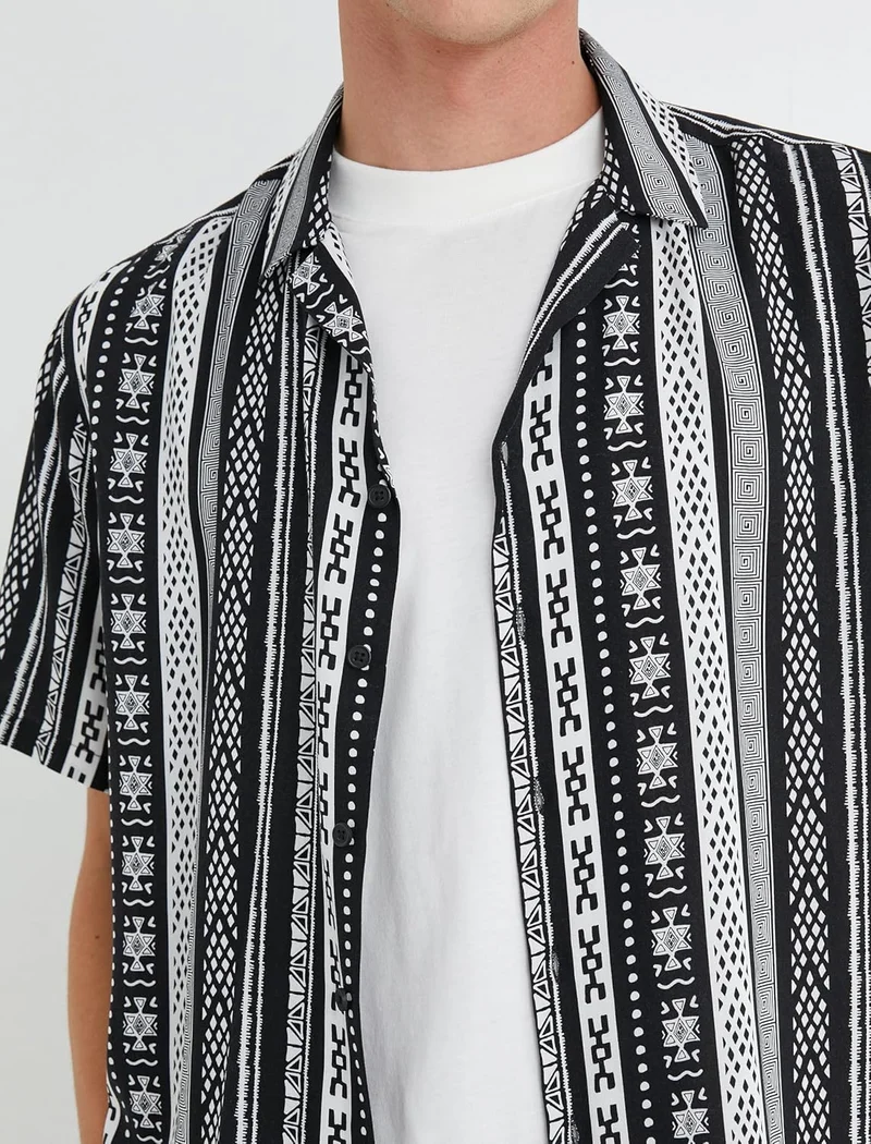 Koton Herren Short Sleeve Shirt Turndown Neck Ethnic Print Detailed Hemd M Schwarzes Muster (9d9), M