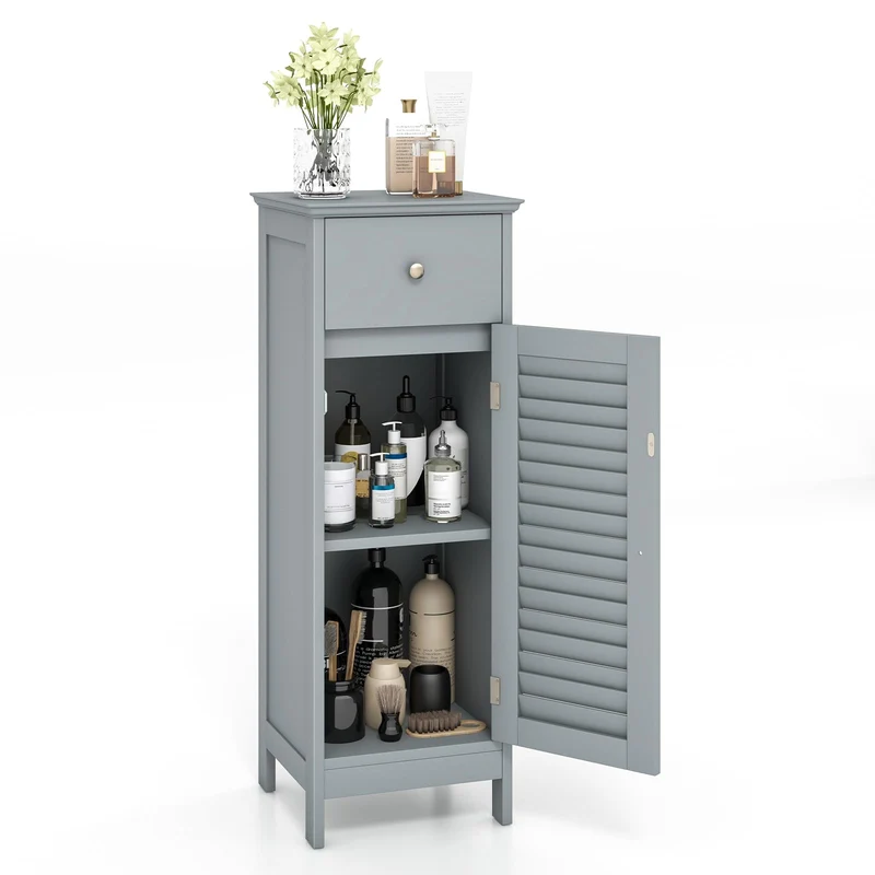 GOPLUS Badzimmerschrank mit Schublade, Badschrank schmal mit Lamellentür & verstellbarem Regal, Aufb