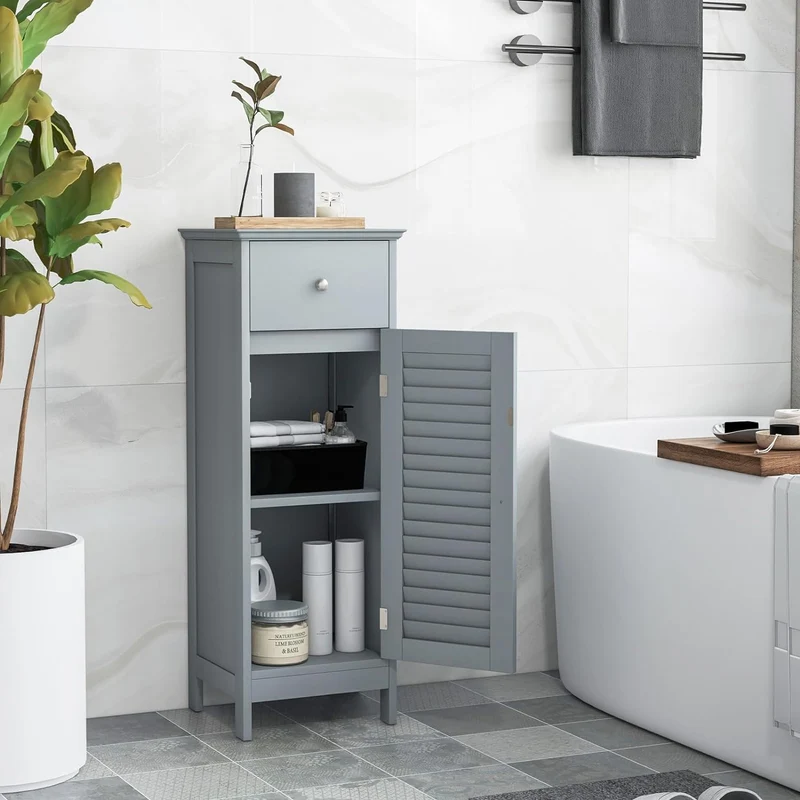 GOPLUS Badzimmerschrank mit Schublade, Badschrank schmal mit Lamellentür & verstellbarem Regal, Aufb