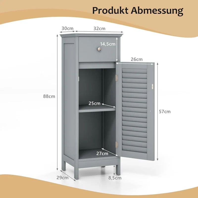 GOPLUS Badzimmerschrank mit Schublade, Badschrank schmal mit Lamellentür & verstellbarem Regal, Aufb