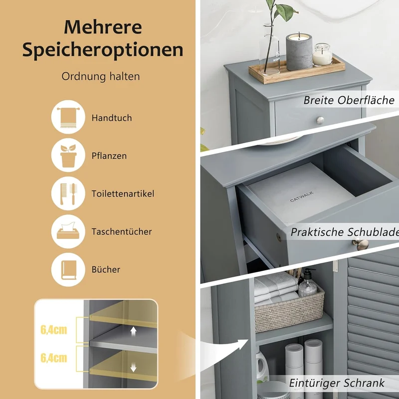 GOPLUS Badzimmerschrank mit Schublade, Badschrank schmal mit Lamellentür & verstellbarem Regal, Aufb