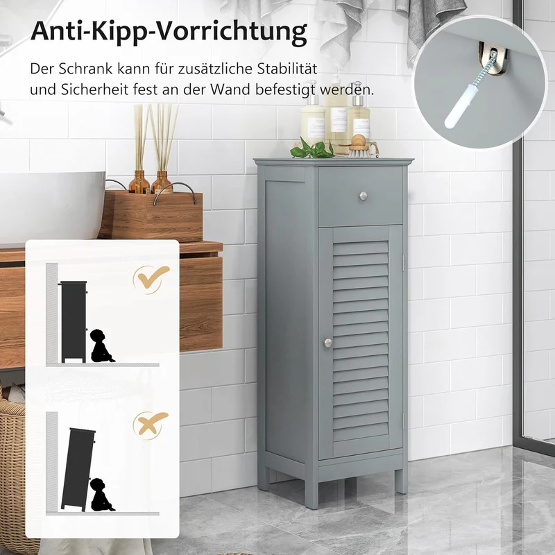 GOPLUS Badzimmerschrank mit Schublade, Badschrank schmal mit Lamellentür & verstellbarem Regal, Aufb
