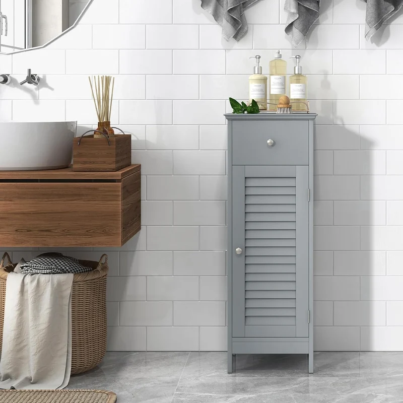GOPLUS Badzimmerschrank mit Schublade, Badschrank schmal mit Lamellentür & verstellbarem Regal, Aufb