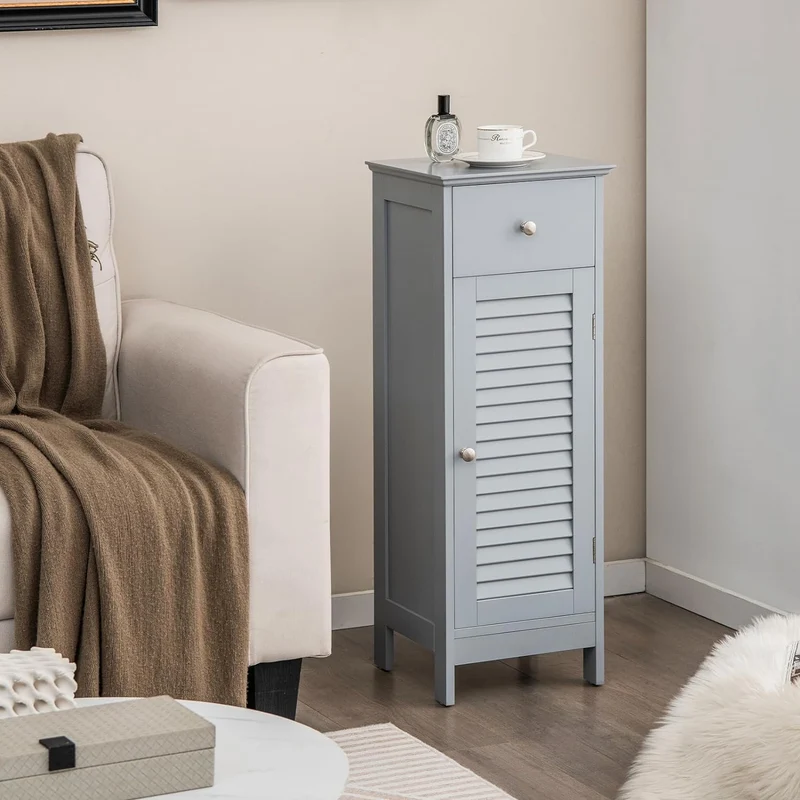 GOPLUS Badzimmerschrank mit Schublade, Badschrank schmal mit Lamellentür & verstellbarem Regal, Aufb