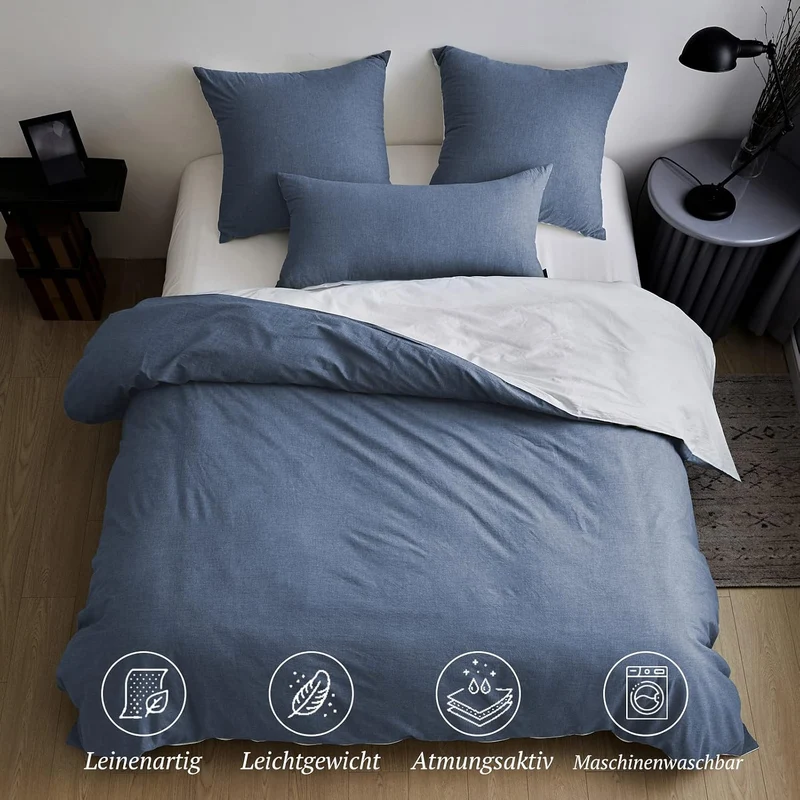 SOULFUL Bettwäsche 135x200 Baumwolle 4 Teilig, Bettwäsche-Sets Denim Blue mit Reissverschluss, Ähnli