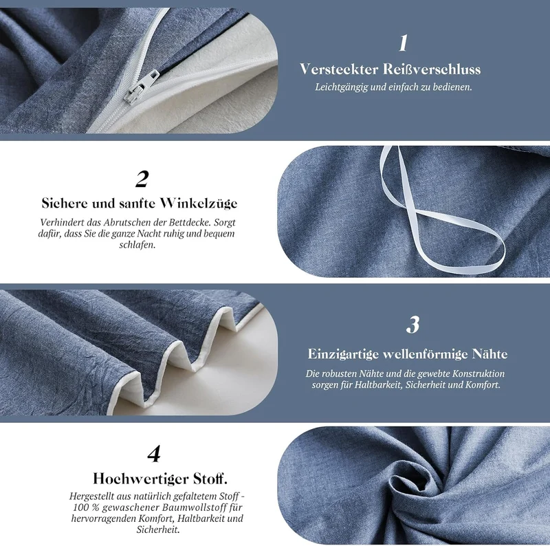 SOULFUL Bettwäsche 135x200 Baumwolle 4 Teilig, Bettwäsche-Sets Denim Blue mit Reissverschluss, Ähnli