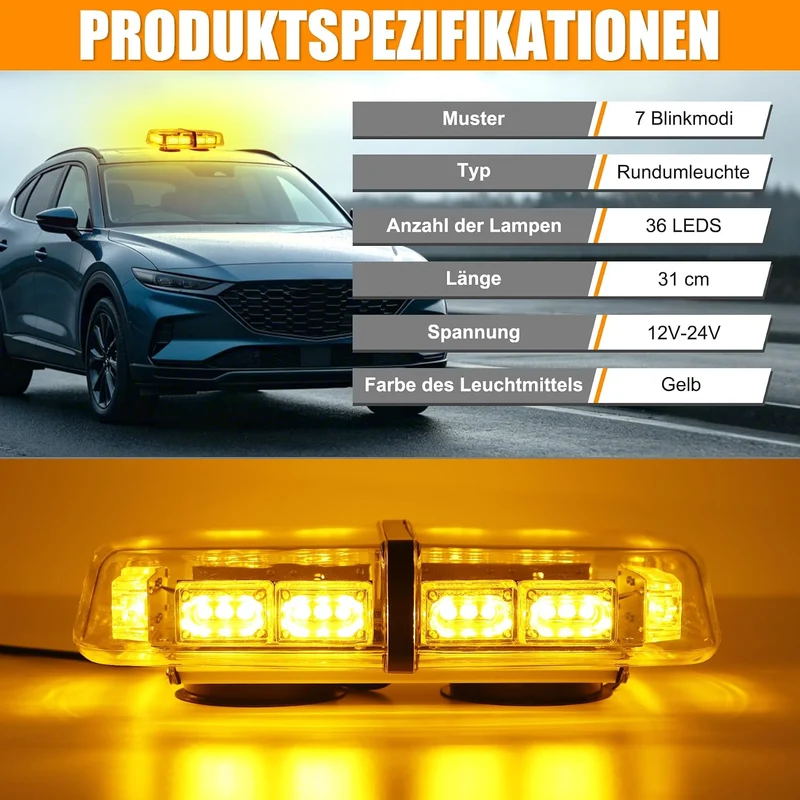 ROUTEKING 36 LED Warnleuchte - 12/24V Rundumkennleuchte Warnlicht 7 Modi Light Mit Super Magnetfuss,