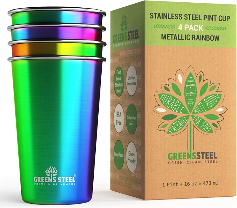 Greens Steel Edelstahlbecher - Regenbogen, 475ml I Stapelbares & wiederverwendbares Trinkset I für B