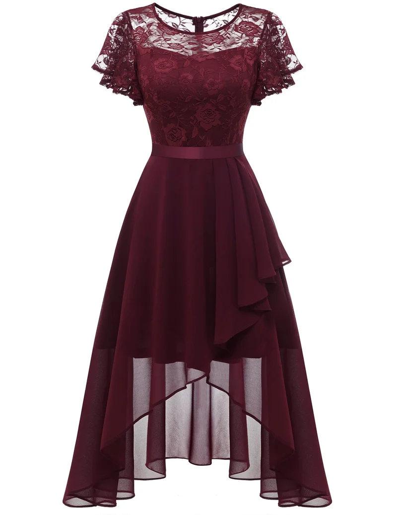 Wedtrend Abendkleid Damen Elegant für Hochzeit High Low Cocktailkleid Chiffonkleid mit Spitzen A Lin
