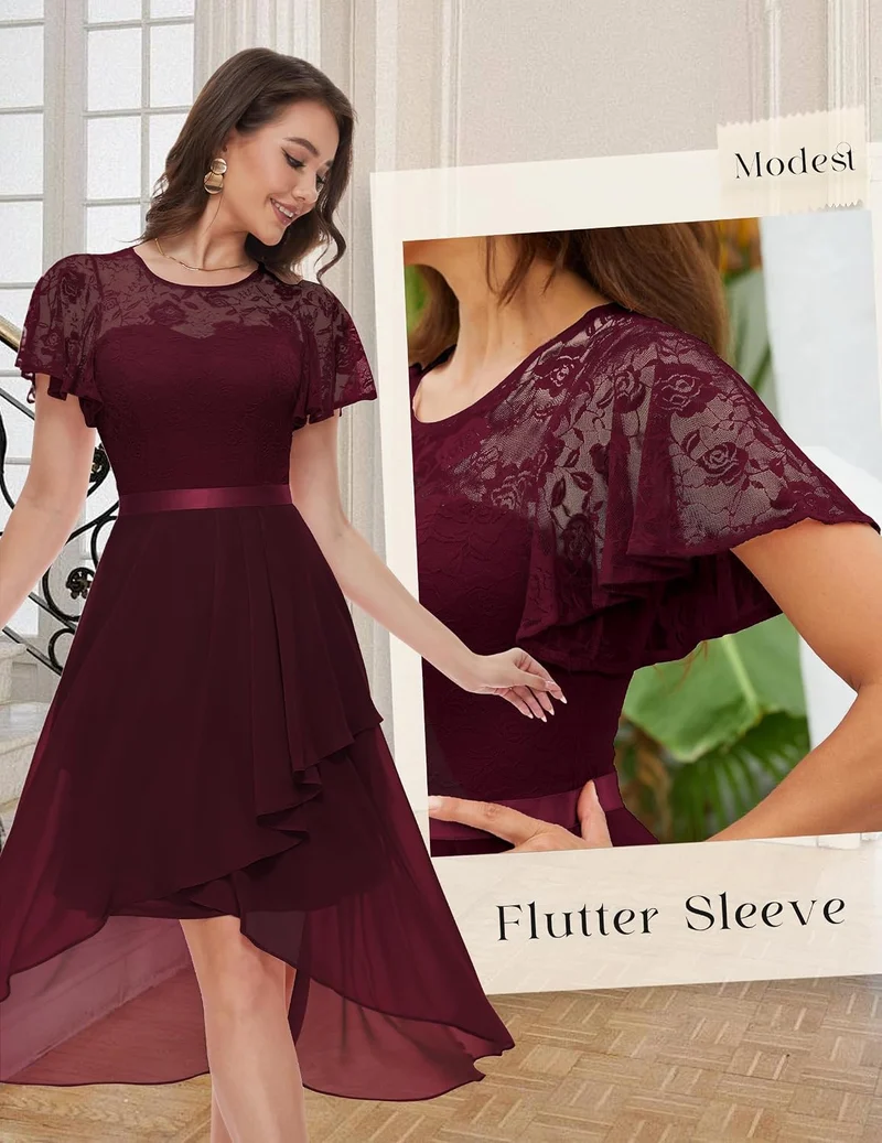 Wedtrend Abendkleid Damen Elegant für Hochzeit High Low Cocktailkleid Chiffonkleid mit Spitzen A Lin