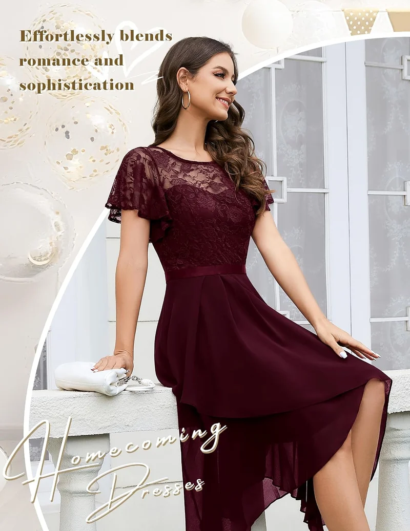 Wedtrend Abendkleid Damen Elegant für Hochzeit High Low Cocktailkleid Chiffonkleid mit Spitzen A Lin