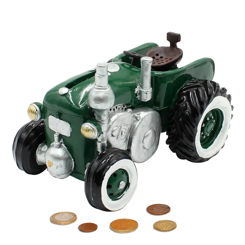 Dekohelden24 Spardose als Traktor aus Poly - Sparauto - Sparbüchse in grün mit Gummiverschluss, Grös