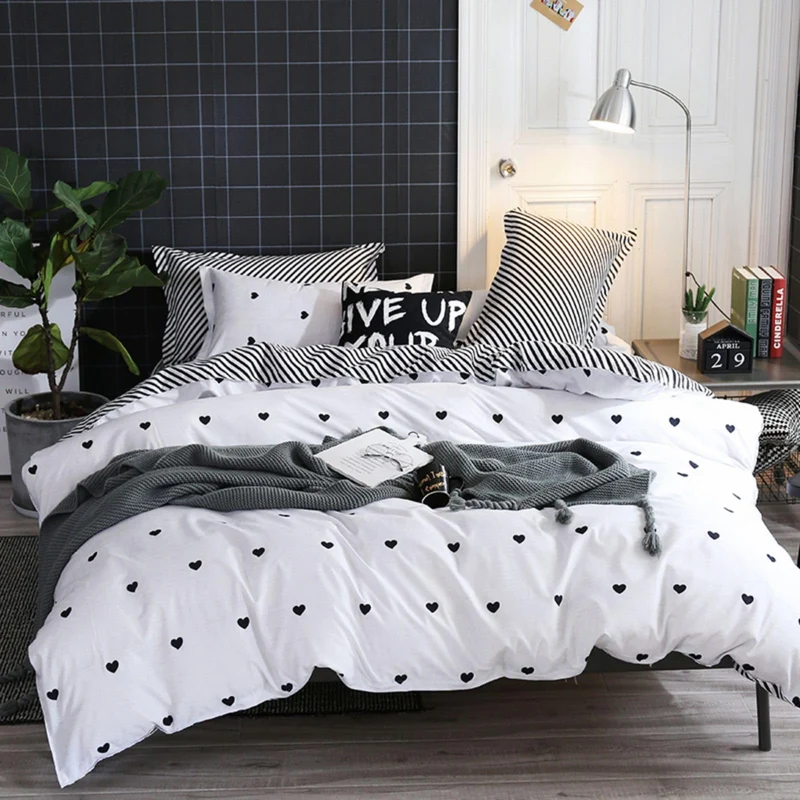 Freyamy Bettwäsche 220x240cm 3teilig Weiss Schwarz Herz Bettwaren-Sets Gebürstet Microfaser Weiche W