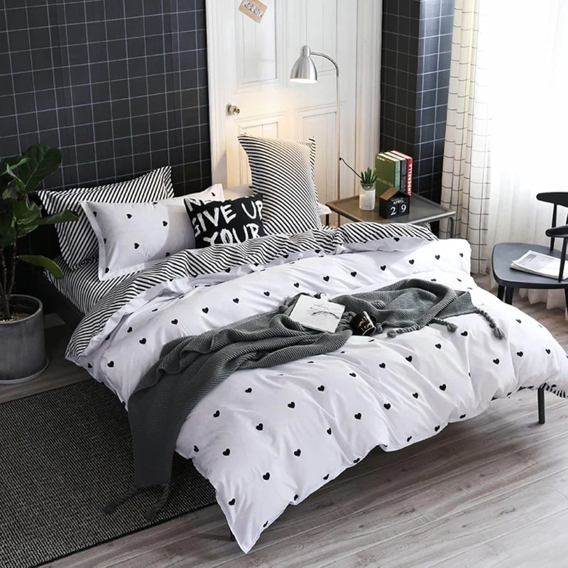 Freyamy Bettwäsche 220x240cm 3teilig Weiss Schwarz Herz Bettwaren-Sets Gebürstet Microfaser Weiche W