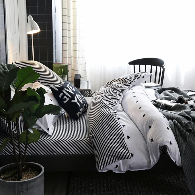Freyamy Bettwäsche 220x240cm 3teilig Weiss Schwarz Herz Bettwaren-Sets Gebürstet Microfaser Weiche W