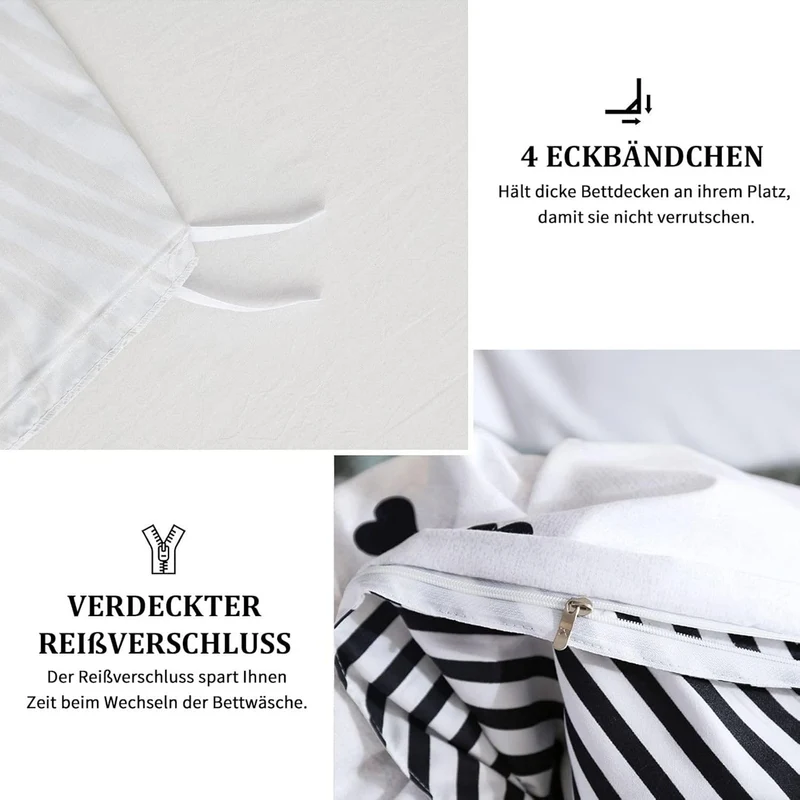 Freyamy Bettwäsche 220x240cm 3teilig Weiss Schwarz Herz Bettwaren-Sets Gebürstet Microfaser Weiche W