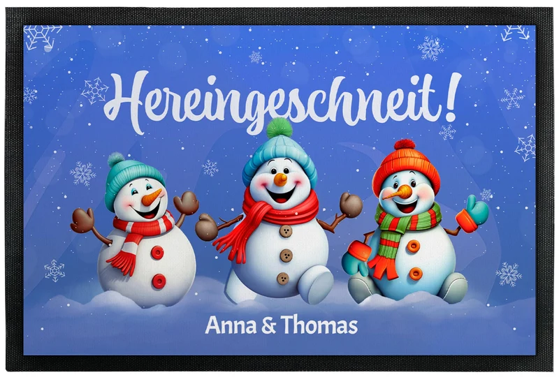True Statements Lustige Weihnachts-Fussmatte personalisiert mit Wunschtext „Hereingeschneit!“ – Schn