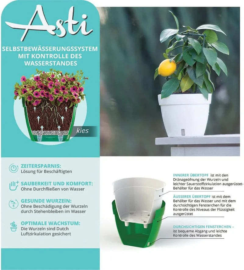 Santino ASTI 3er Set 18CM Selbstwässernder Blumentopf mit Wasserstandsanzeiger für Anlagen, Blumen,