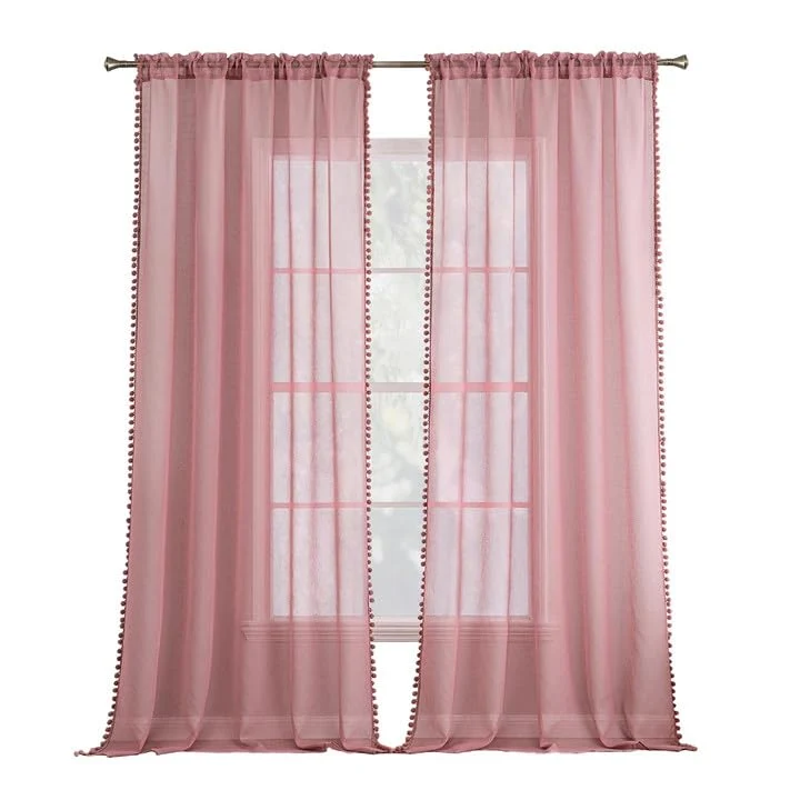 MIULEE Gardinen mit Pompons-Hübsche Altrosa Transparent Gardinen für Kinderzimmer Mädchen, 2 Stücke