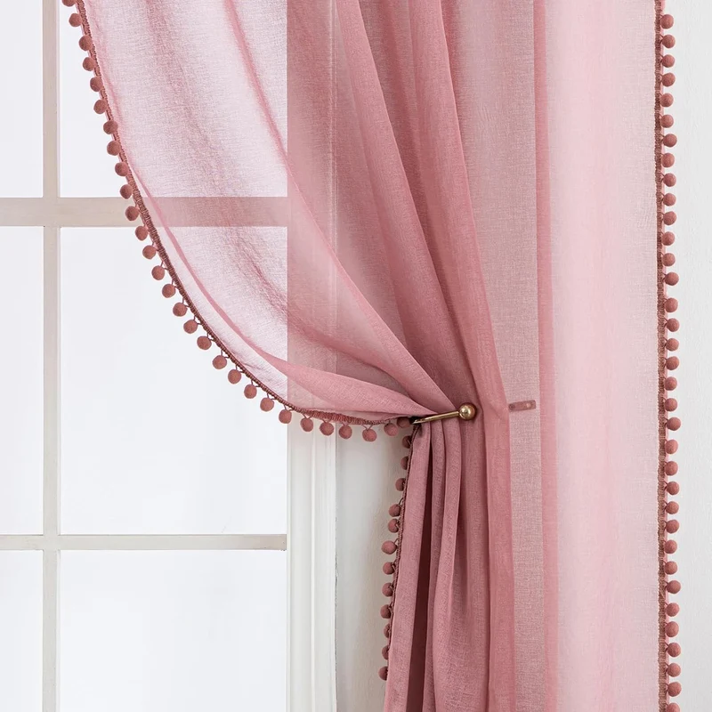 MIULEE Gardinen mit Pompons-Hübsche Altrosa Transparent Gardinen für Kinderzimmer Mädchen, 2 Stücke