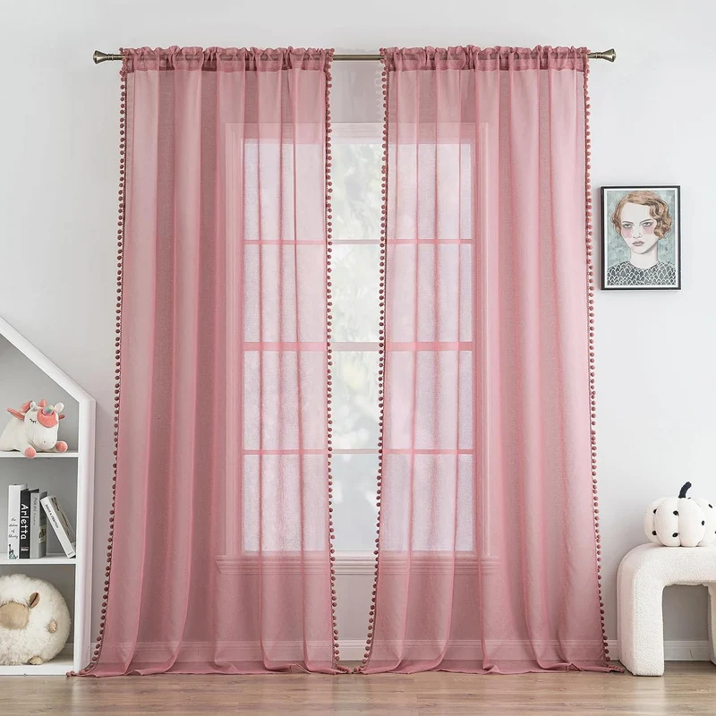 MIULEE Gardinen mit Pompons-Hübsche Altrosa Transparent Gardinen für Kinderzimmer Mädchen, 2 Stücke