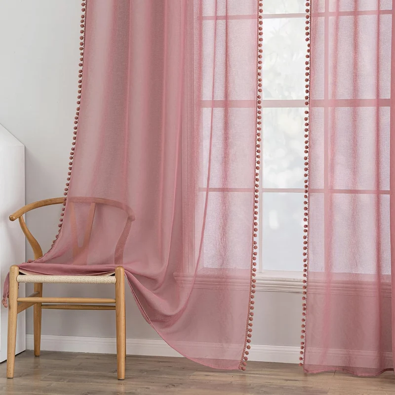 MIULEE Gardinen mit Pompons-Hübsche Altrosa Transparent Gardinen für Kinderzimmer Mädchen, 2 Stücke