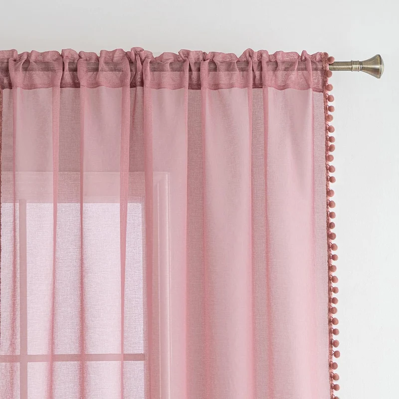 MIULEE Gardinen mit Pompons-Hübsche Altrosa Transparent Gardinen für Kinderzimmer Mädchen, 2 Stücke