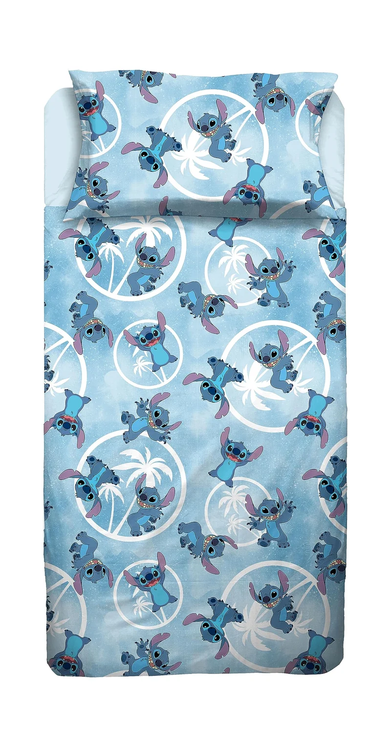 Stitch, Bettlaken für französisches Bett, Bettlaken, Spannbettlaken, Kissenbezug, Blau, Disney, 100%
