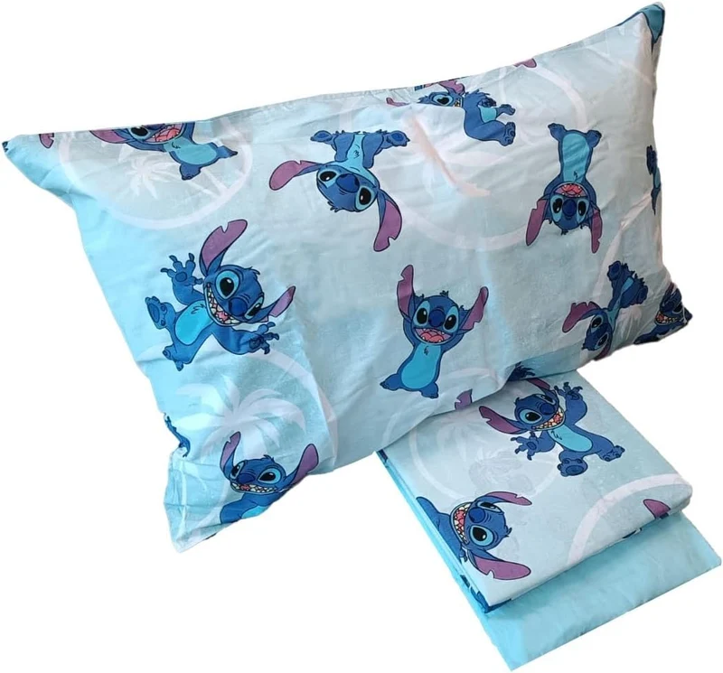 Stitch, Bettlaken für französisches Bett, Bettlaken, Spannbettlaken, Kissenbezug, Blau, Disney, 100%