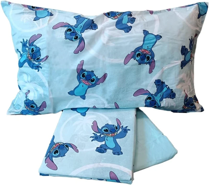 Stitch, Bettlaken für französisches Bett, Bettlaken, Spannbettlaken, Kissenbezug, Blau, Disney, 100%