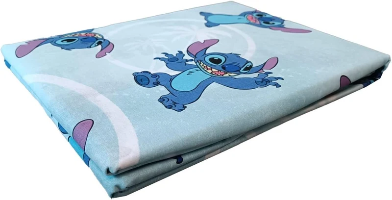 Stitch, Bettlaken für französisches Bett, Bettlaken, Spannbettlaken, Kissenbezug, Blau, Disney, 100%