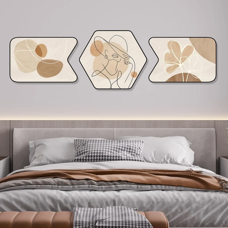 Gouwgenr Bilder mit Rahmen PVC 60x40cm Moderne Abstrakt Line Art Bilder Beige 3 Stück Kristall Bild