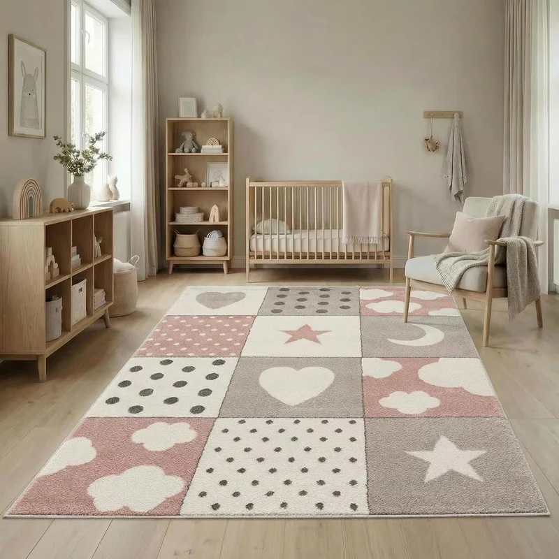 | Kinderteppiche Patchwork Herz Sterne Wolke | Kinderteppich für Mädchen und Jungs | Teppich für Kin