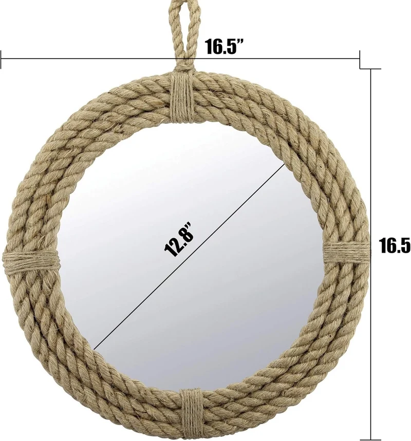 Stonebriar Small Vintage Nautical Round Wall Mirror with Rope Wrapped Trim and Hanging Loop 16.5", 4