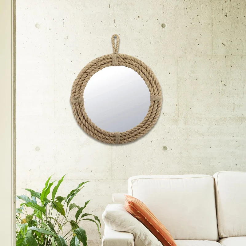 Stonebriar Small Vintage Nautical Round Wall Mirror with Rope Wrapped Trim and Hanging Loop 16.5", 4