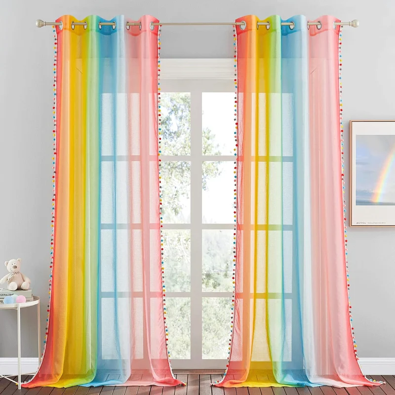 NICETOWN Kinderzimmer Vorhänge mit Bunten Pompons Voile Gardinen mit Ösen 2er Set H 245 x B 132 cm R