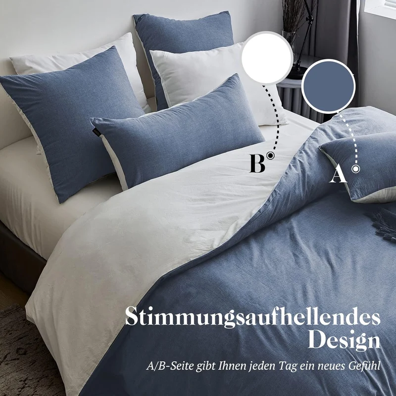 SOULFUL Bettwäsche 200x200 Baumwolle 3 Teilig, Bettwäsche-Sets Denim Blue mit Reissverschluss, Ähnli