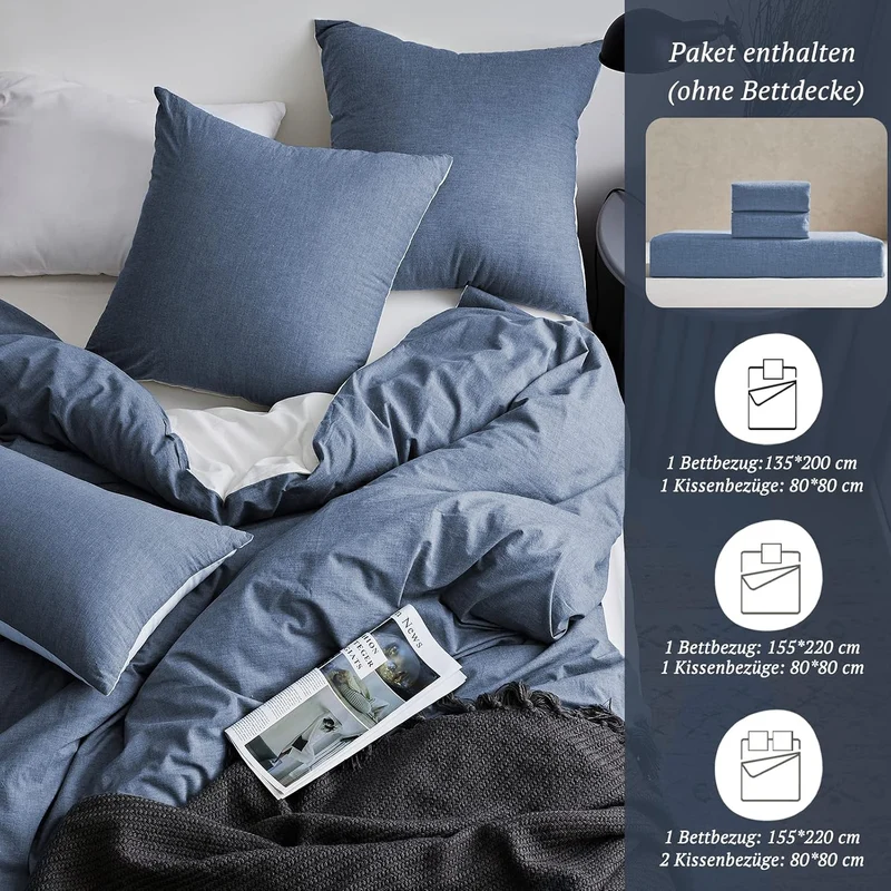 SOULFUL Bettwäsche 200x200 Baumwolle 3 Teilig, Bettwäsche-Sets Denim Blue mit Reissverschluss, Ähnli