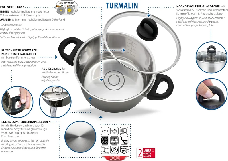 ELO 12121 Bratentopf m.GD 20 cm Serie Turmalin, Induktion, Edelstahl satiniert, rutschfeste Kunststo
