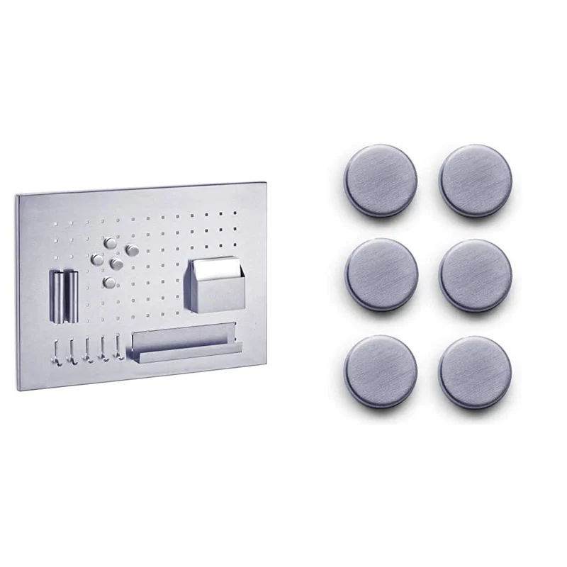 Zeller Memoboard, Edelstahl, Silber, 50 x 35 x 1.5 cm & 11203 Magnet-Set 6-teilig, Ø 2.7 cm, Edelsta