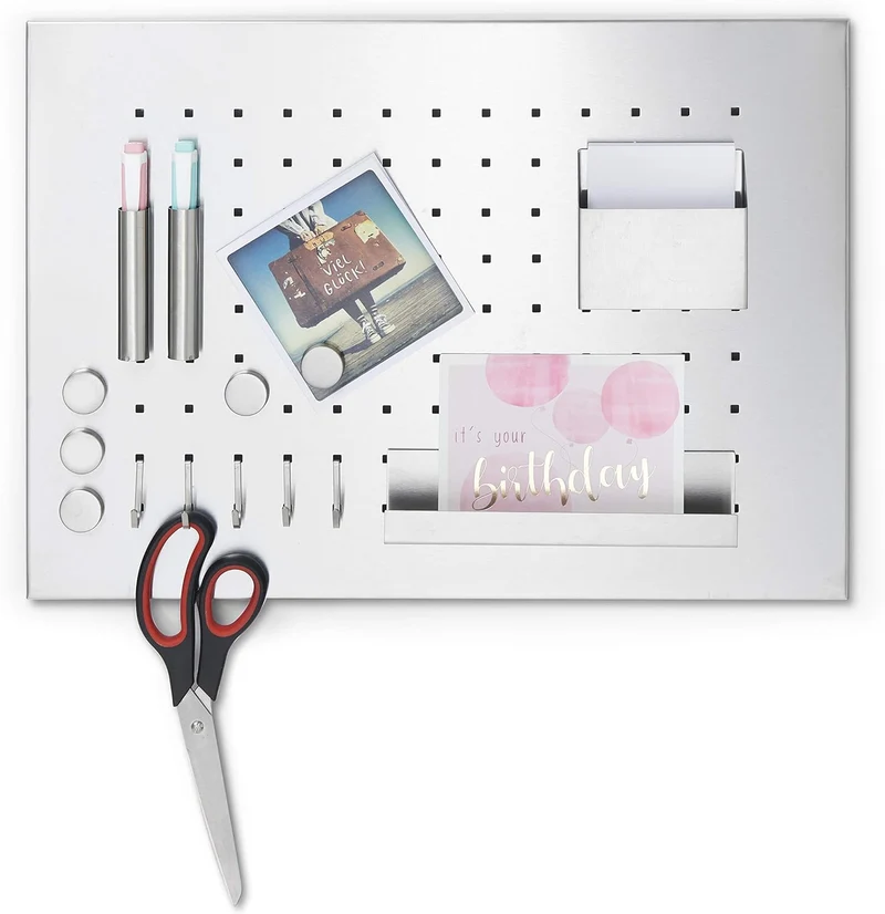Zeller Memoboard, Edelstahl, Silber, 50 x 35 x 1.5 cm & 11203 Magnet-Set 6-teilig, Ø 2.7 cm, Edelsta