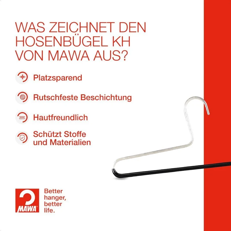MAWA Kleiderbügel für Hosen, 10 Stück, platzsparende und rutschfeste Hosenbügel, für Jeans, Stoffhos