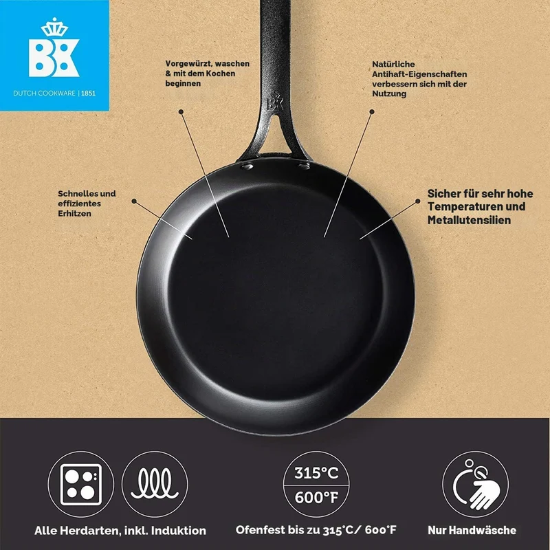 BK Black Steel Vorgewürzte 28cm Bratpfanne aus Kohlenstoffstahl, Geeignet für Induktion, Backofen- u
