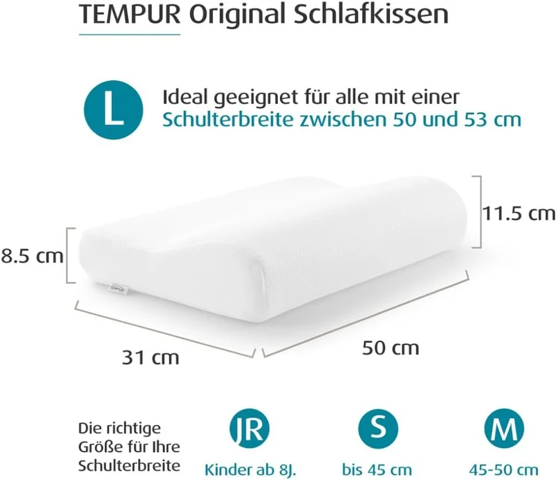 TEMPUR Kissen Set mit Füllung und Bezug, Original Kopfkissen Grösse L mit Jersey-Kissenbezug (platin