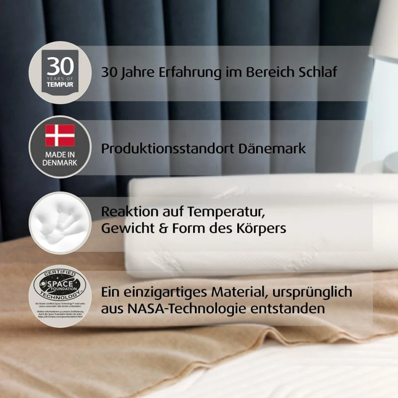 TEMPUR Kissen Set mit Füllung und Bezug, Original Kopfkissen Grösse L mit Jersey-Kissenbezug (platin