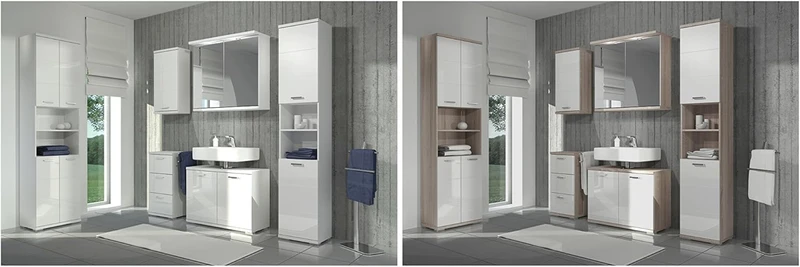 byLIVING Seitenschrank NEBRASKA in Sonoma Eiche Hochglanz lackiert/Kleiner Badschrank mit 3 Schublad