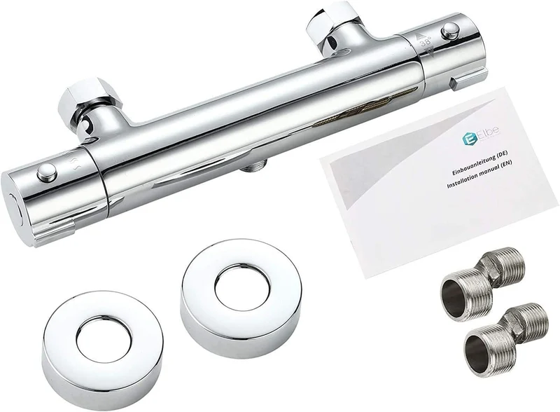 Duschthermostat von ELBE aus Messing, Thermostatarmatur mit Sicherheitstaste bei 38°C, verchromte Br
