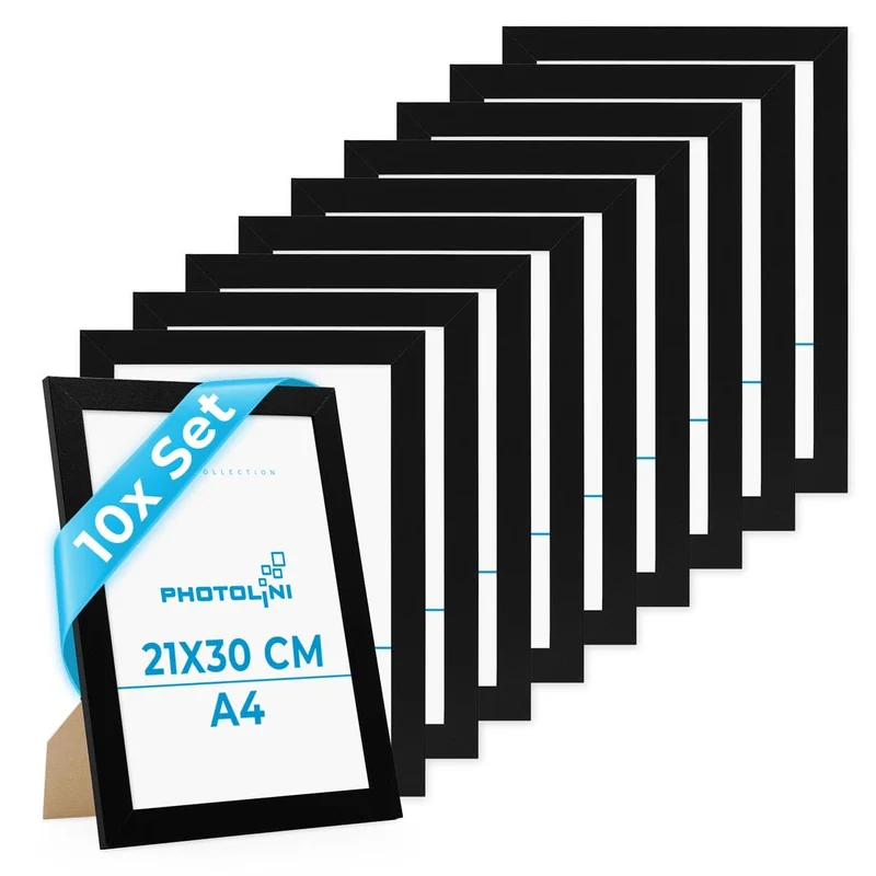 PHOTOLINI Bilderrahmen A4 21x30 cm Schwarz MDF-Holz, breite Rahmen, 10er Set, modern, bruchsicheres