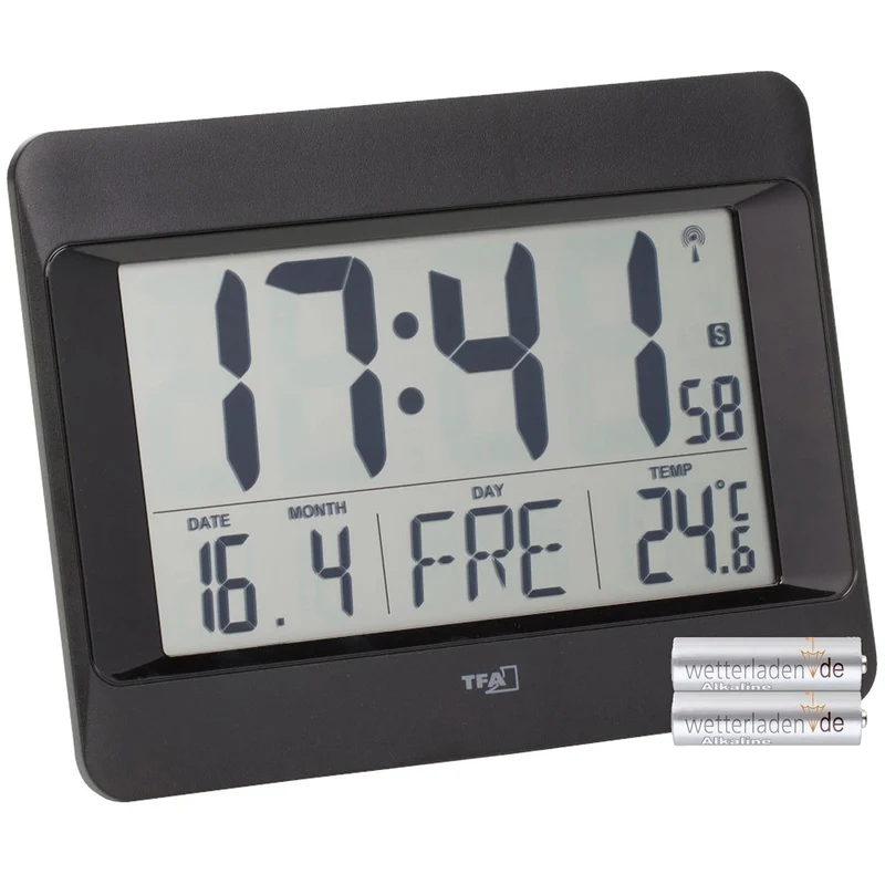 TFA Dostmann Wanduhr digital, 60.4519.01 (Schwarz mit Batterien), Schwarz mit Batterien